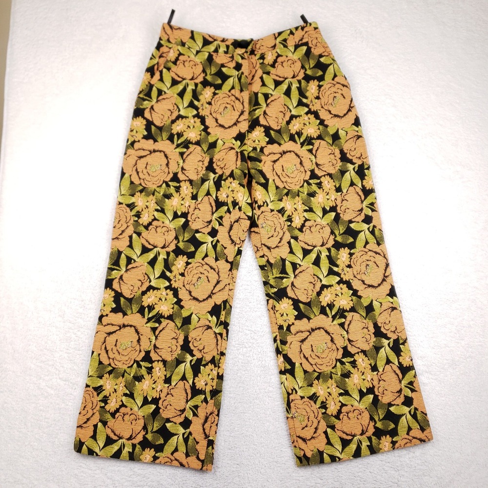 MANOUSH Floral Tapestry Pants Women US 10 FR 42 Wide Leg Brocade Gold Green